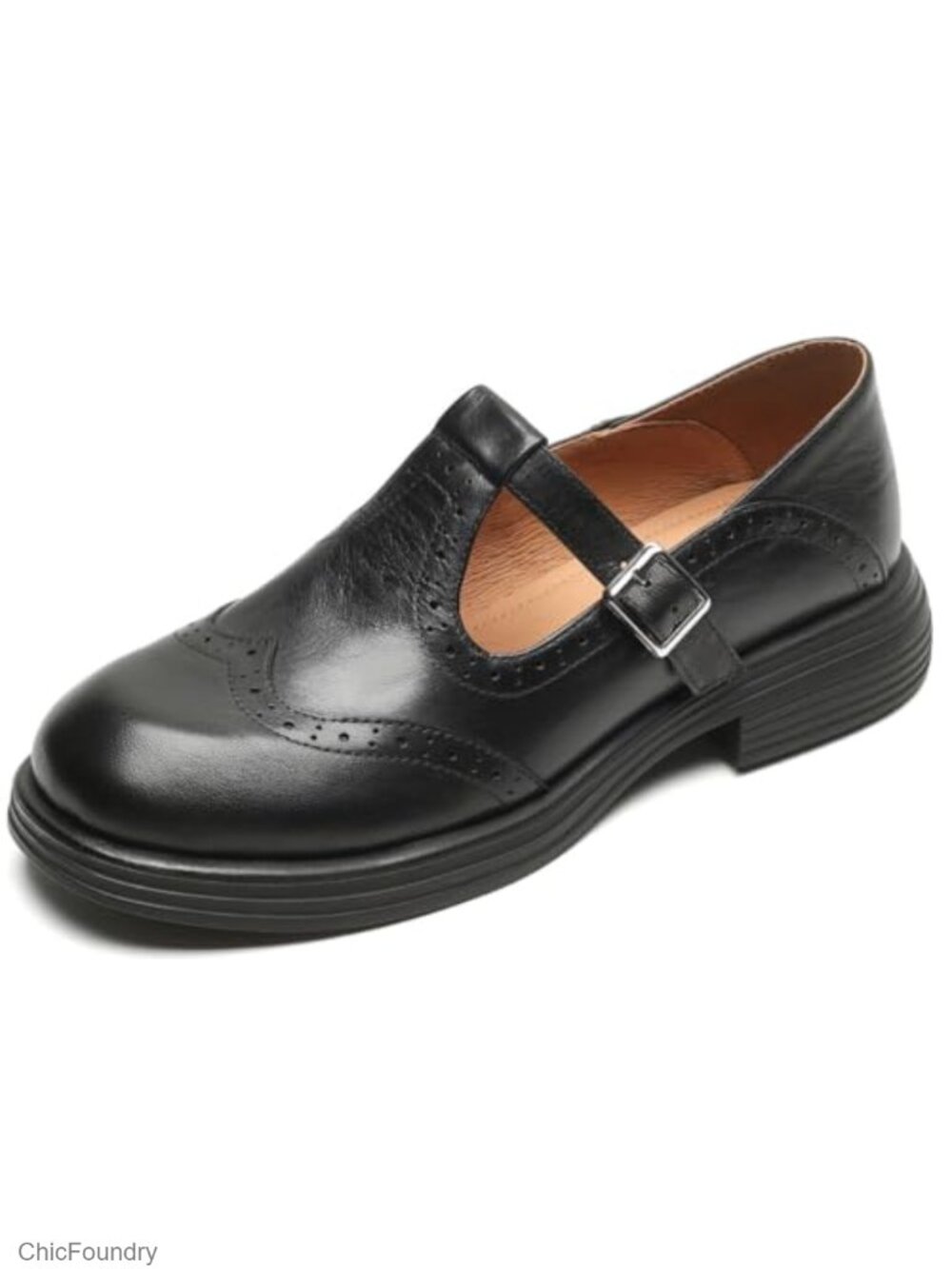 Women's Retro Oxfords Low Heel T-Strap Brogue Leather Shoes